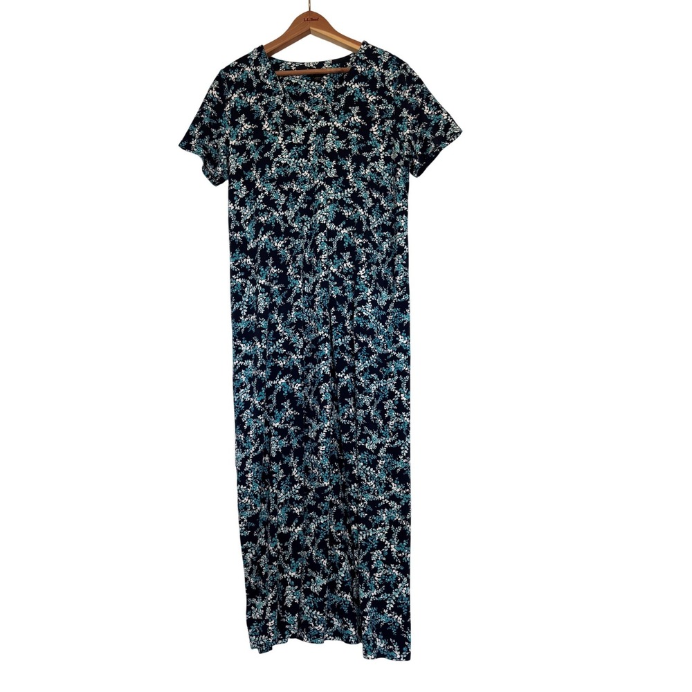J. Jill Wearever Navy Teal Floral V-Neck Maxi Dress Pockets S Petite